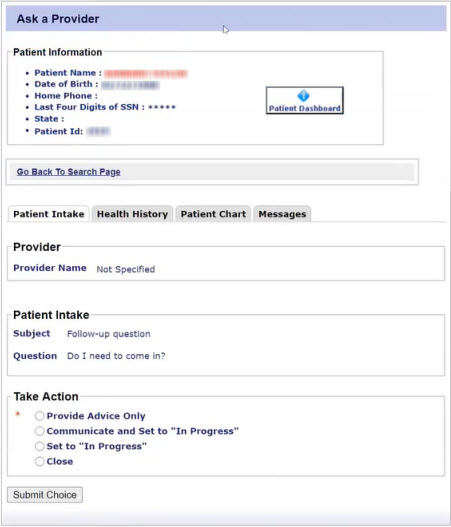 The Ask a Provider section provides information about the patient, provider, and question. This section also allows you to select an action.