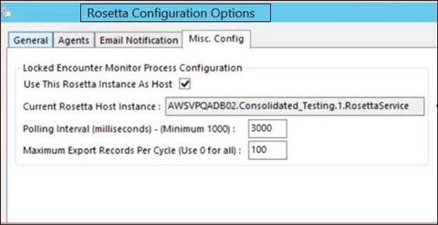 Rosetta Configurations Options window displaying the Misc. Config tab