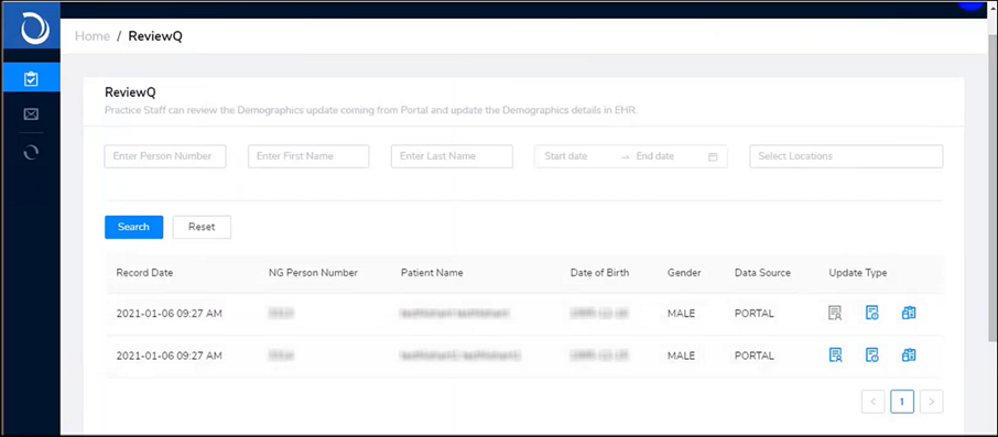 Image of the ReviewQ page used to review information updates from patients