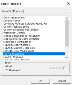 Select Template window