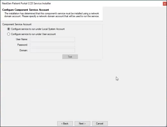 Configure Component Service Account window