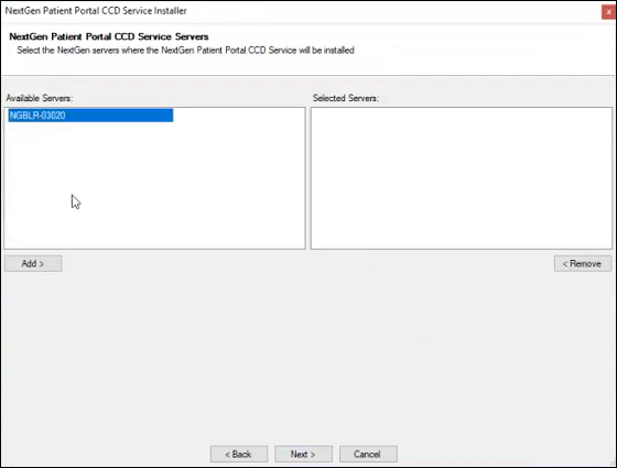 NextGen Patient Portal CCD Service Servers window