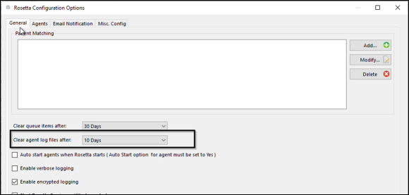 Rosetta Configurations Options window displaying the General tab