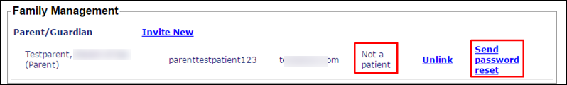Family Management section for an active account for an underage patient whose guardian does not have a portal account