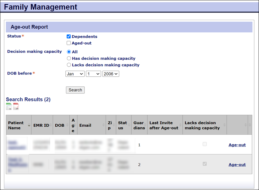 Age-out Report page with search results
