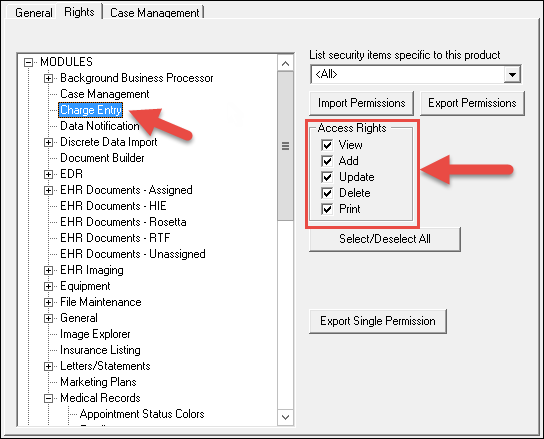 Rights tab - Change Entry