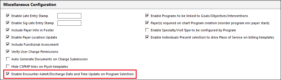 Enable Encounter Admit/Discharge Date and Time Update on Program Selection checkbox