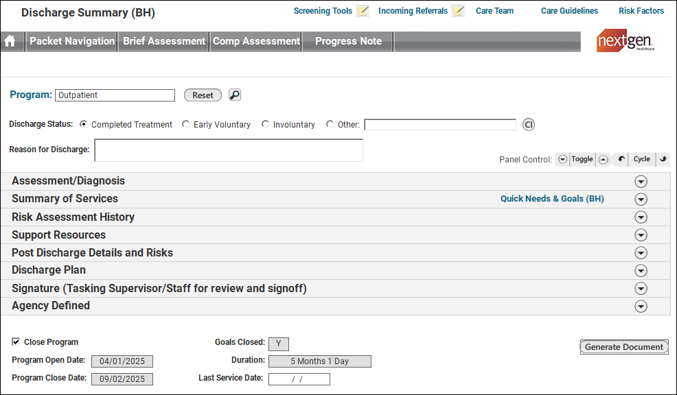 Layout of the Discharge Summary (BH) template