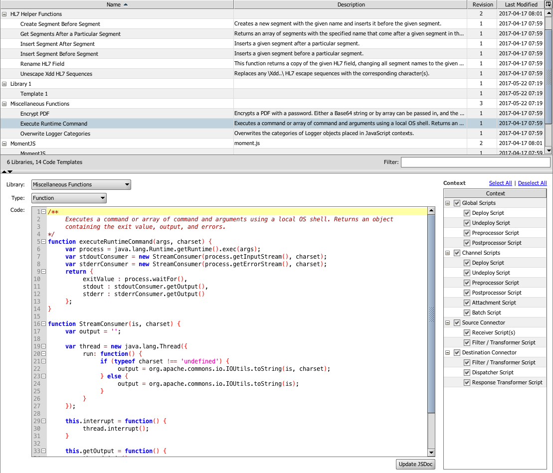 Image of the Code Templates where code templates and libraries are configured for your server.