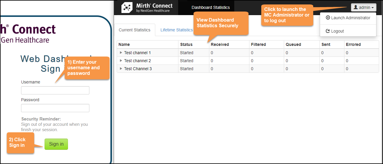 Image of the Web Dashboard to view channel and connector statistics