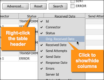 An image showing how to show or hide columns by clicking the table header.